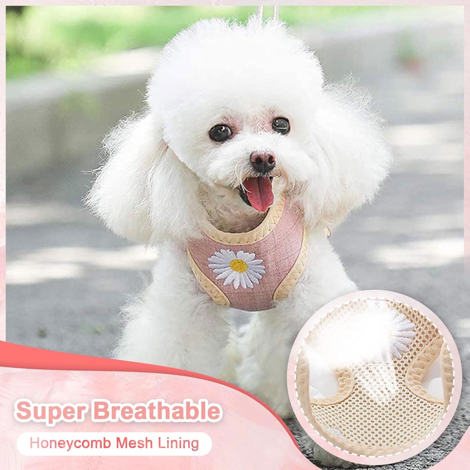 Cute Dog Harness and Leash Set with Bags No Pull Daisy Vest Soft Breathable Mesh for Small Dogs Cats Spring Summer Yorkies Shih Tzu (Pink, Small)