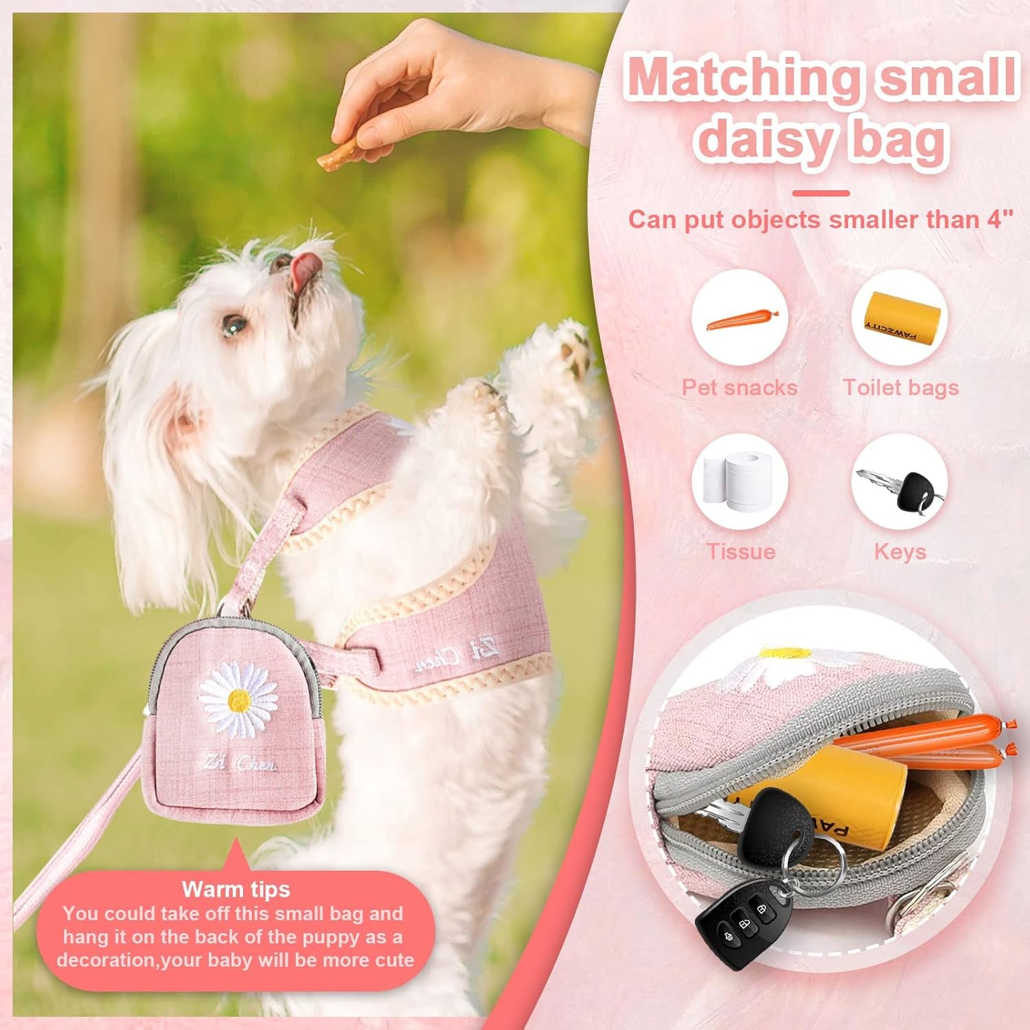 Cute Dog Harness and Leash Set with Bags No Pull Daisy Vest Soft Breathable Mesh for Small Dogs Cats Spring Summer Yorkies Shih Tzu (Pink, Small)