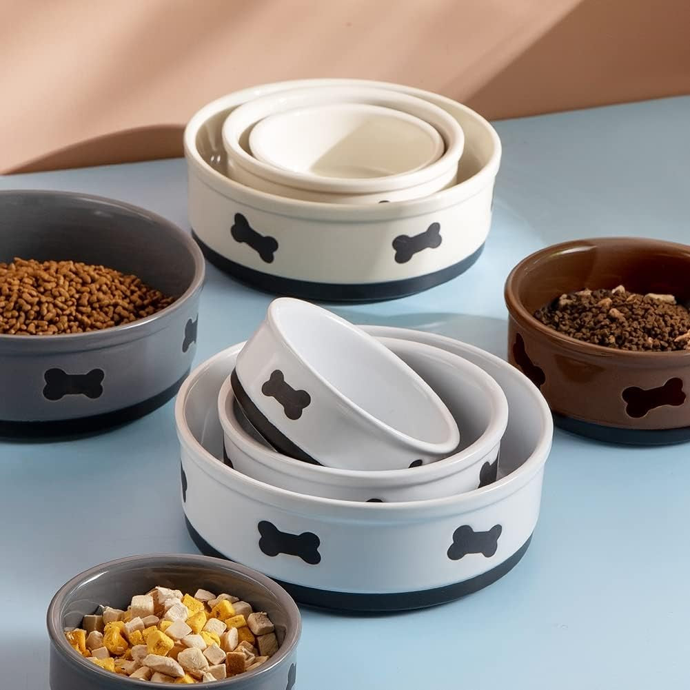 Ceramic Dog Bowls with Bone Pattern, Dog Food Dish for Small Dogs, Porcelain Pet Bowl for Water 16 Fl Oz (Gray)