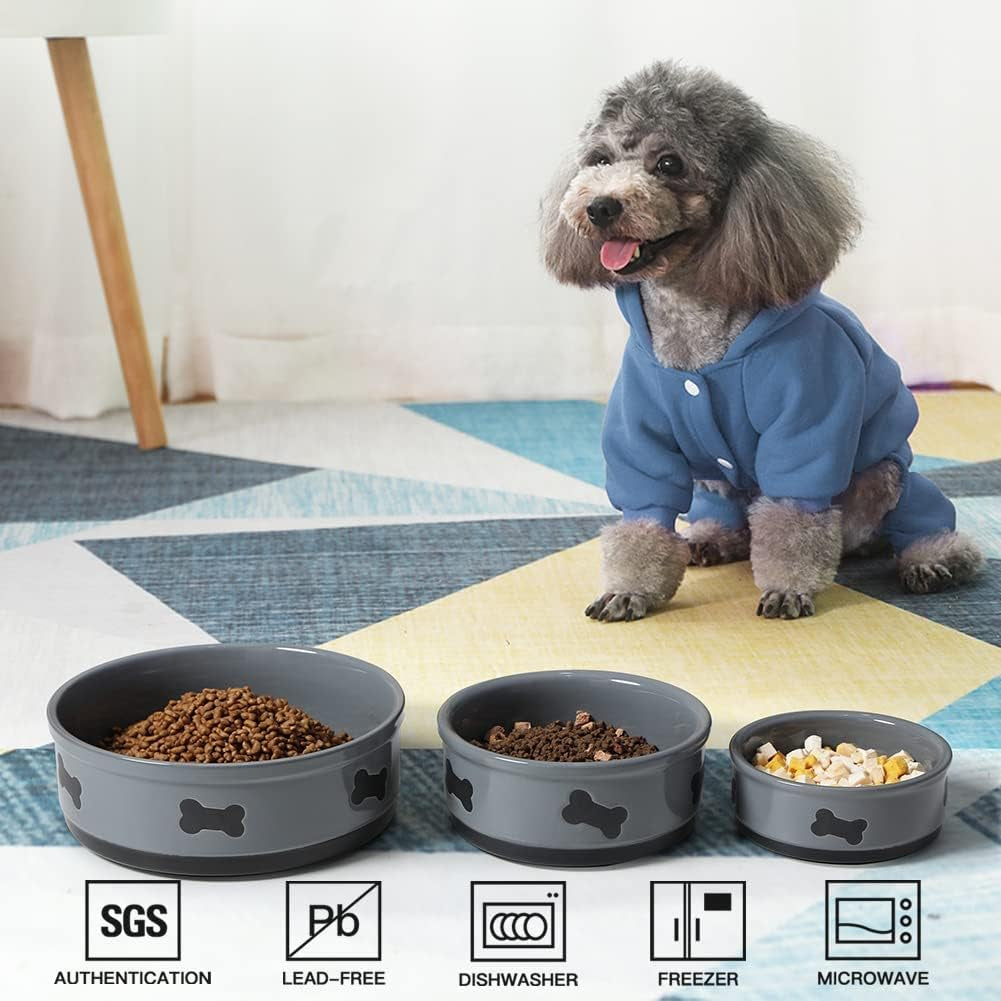 Ceramic Dog Bowls with Bone Pattern, Dog Food Dish for Small Dogs, Porcelain Pet Bowl for Water 16 Fl Oz (Gray)
