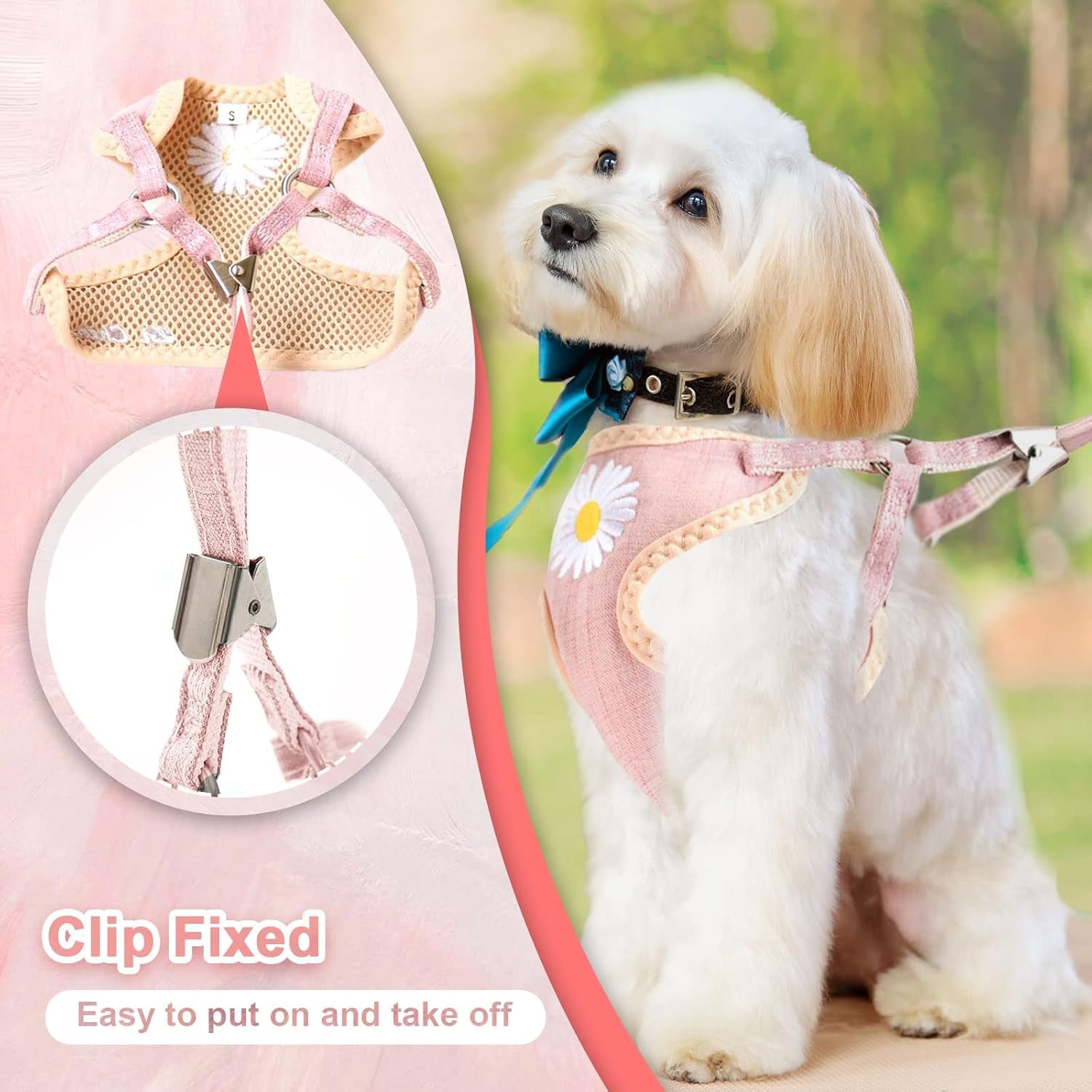 Cute Dog Harness and Leash Set with Bags No Pull Daisy Vest Soft Breathable Mesh for Small Dogs Cats Spring Summer Yorkies Shih Tzu (Pink, Small)